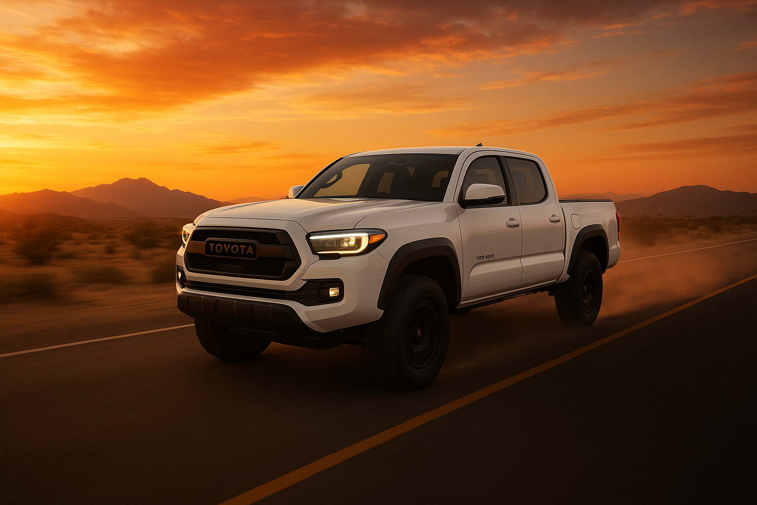 2024 Toyota Tacoma TRD Pro driving on a desert highway at sunset