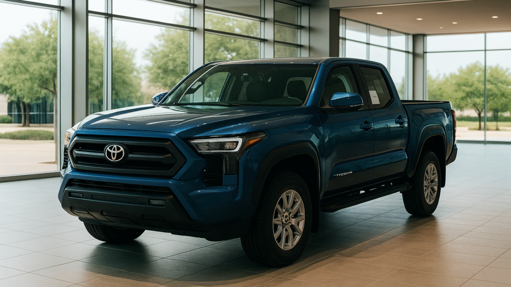 2024 Toyota Tacoma blue pickup displayed in a modern Toyota dealership showroom