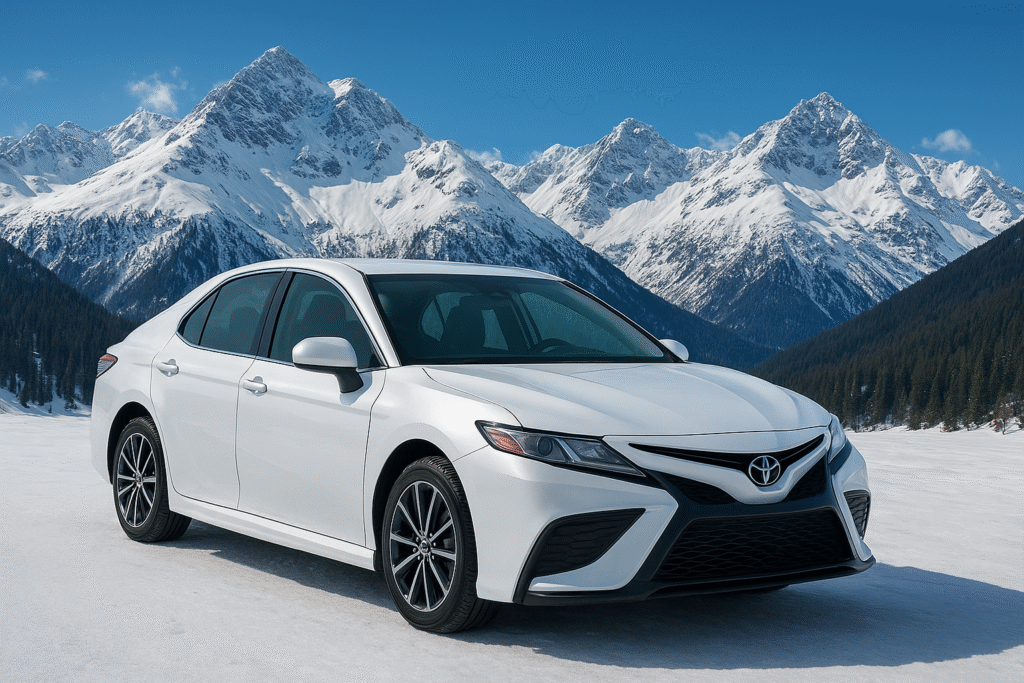 Used Toyota Camry parked on a city street, highlighting its modern exterior and comfortable sedan design.