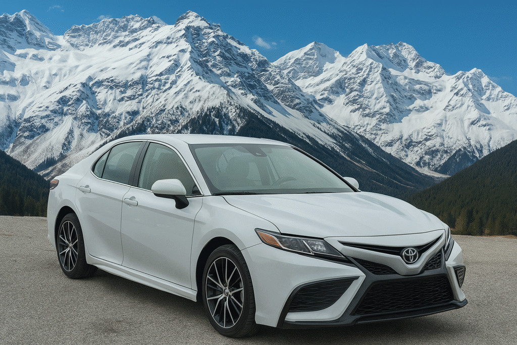 Pre-owned Toyota Camry sedan parked outdoors, showcasing its sleek design and fuel-efficient build.