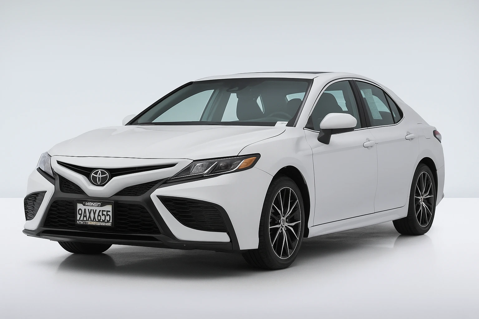 Used Toyota Camry white sedan displayed in a professional studio background, showcasing its front and side design.