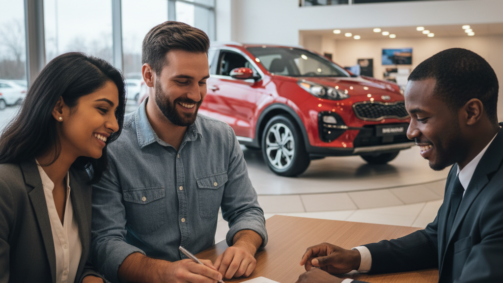 Smiling customer signing Kia Finance America loan papers at dealership desk.