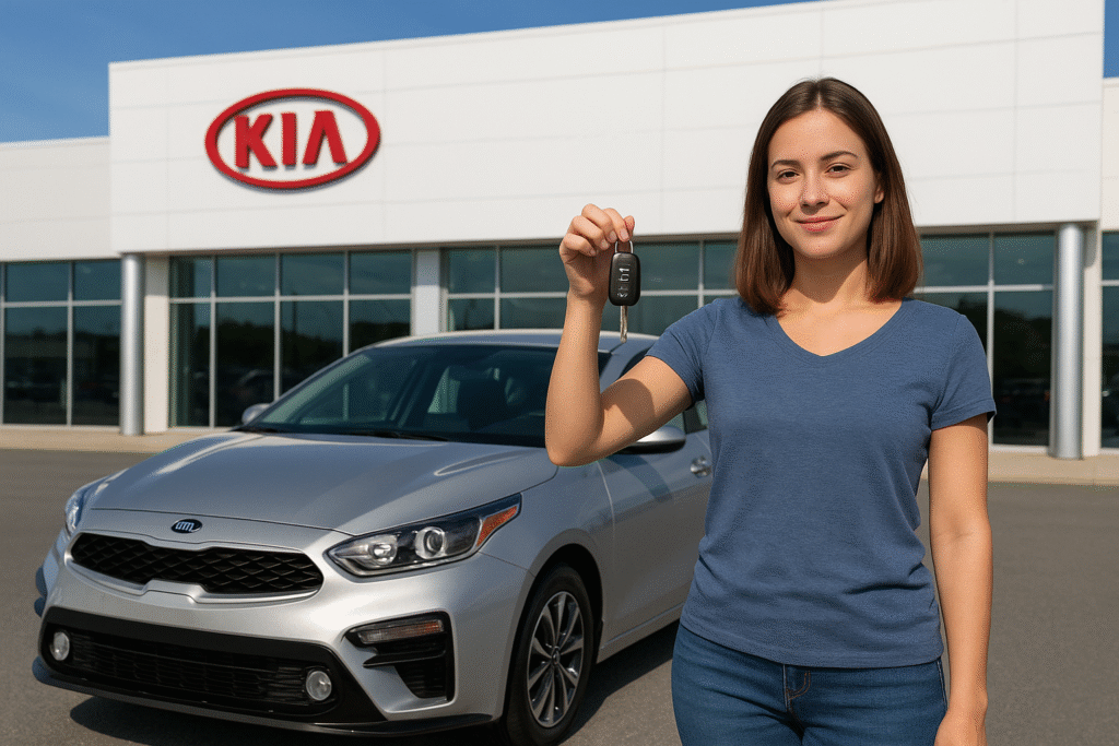 Red Kia Sportage parked outside dealership showcasing Kia Finance America offers.